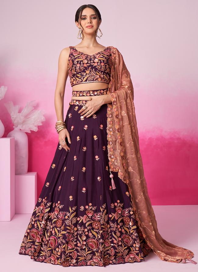 Poly Chiffon Burgandy Wedding Wear Sequins Work Lehenga Choli